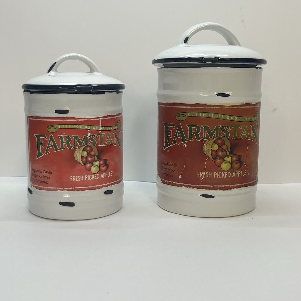 Farmstand Fresh Picked Apples Enamel Style Candle Jar Canisters Set of 2 White